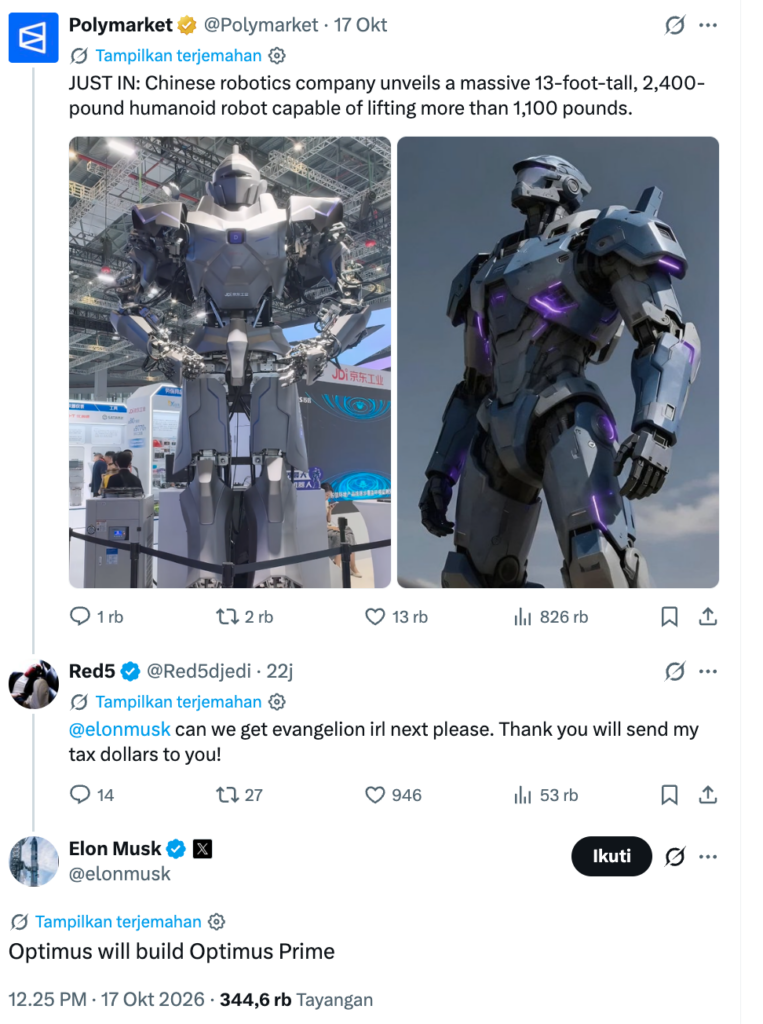 Tanggapan elon musk terhadap Neo1 - Blog Nanovest Tangkapan layar interaksi akun @Polymarket dan Elon Musk di platform X yang membahas peluncuran robot Neo1.