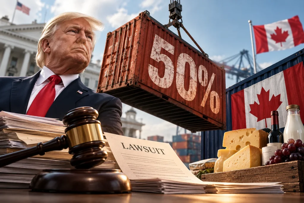 Tarif Trump 50% Digugat, Importir AS Tertekan - Blog Nanovest Ilustrasi Donald Trump, kontainer tarif 50%, dan palu pengadilan, menggambarkan gugatan hukum terhadap tarif impor produk Kanada.