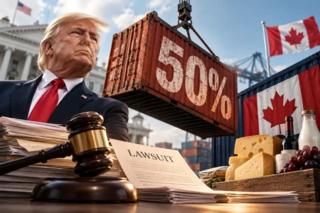 Tarif Kanada 50% Trump Digugat, Importir AS Tertekan Ilustrasi Donald Trump, kontainer tarif 50%, dan palu pengadilan, menggambarkan gugatan hukum terhadap tarif impor produk Kanada.