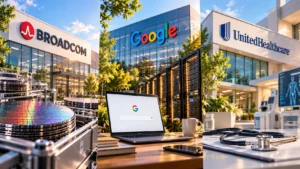 Collage showing Broadcom, Google, and UnitedHealthcare offices, plus a data center and a laptop on a desk with a stethoscope.