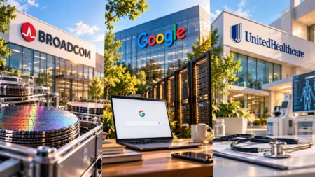 Rekomendasi Saham Hari Ini: AVGO, GOOG, UNH (5 Oktober 2026) - Blog Nanovest Collage showing Broadcom, Google, and UnitedHealthcare offices, plus a data center and a laptop on a desk with a stethoscope.