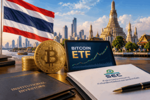 Visualisasi gedung Stock Exchange of Thailand dengan simbol Bitcoin dan Ethereum yang menandakan regulasi ETF baru.