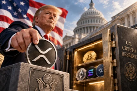 XRP Masuk Cadangan Kripto AS, Benarkah Dibeli Trump? - Blog Nanovest Ilustrasi Donald Trump memegang koin XRP di depan Gedung Capitol AS, dengan brankas berisi Bitcoin dan aset kripto lainnya, menggambarkan perbedaan antara wacana dukungan Trump terhadap XRP dan kebijakan resmi cadangan kripto pemerintah AS.