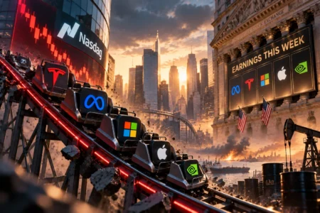 Pekan Ini: Nasdaq Tertekan, Investor Nantikan Earnings Big Tech Ilustrasi roller coaster saham teknologi dengan logo Meta, Tesla, Microsoft, Apple, dan Nvidia meluncur turun di depan gedung Nasdaq, sementara papan earnings Big Tech, Wall Street, dan aktivitas minyak menggambarkan tekanan pasar serta agenda utama investor pada pekan 19–23 Oktober 2026.