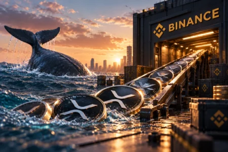 6 Miliar XRP Masuk Bursa, Whale Mulai Menepi? Ilustrasi whale menjauh saat miliaran token XRP mengalir ke bursa Binance, menggambarkan lonjakan deposit dan melemahnya aktivitas investor besar.