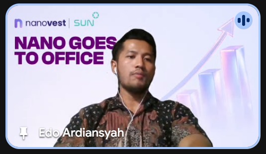 WhatsApp Image 2026-10-05 at 143608 - Blog Nanovest Video thumbnail: Edo Ardiansyah speaks in a 'Nano Goes to Office' session, with NanoVest and Sun logos and a purple graph background. He wears earphones and looks at the camera.