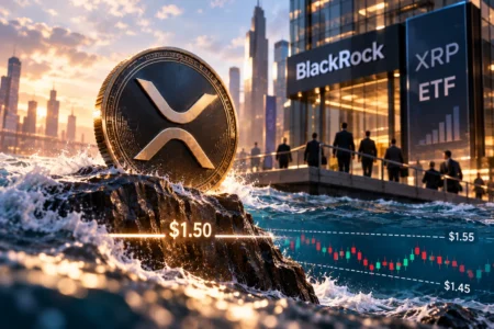 Ripple coin on rocks with waves, city skyline and BlackRock XRP ETF signage in the background; overlaid financial chart showing prices around $1.50-$1.55.