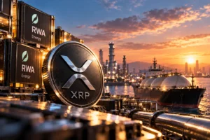 Ilustrasi koin XRP di kawasan industri energi dengan kontainer aset tokenisasi, kilang minyak, dan kapal tanker, menggambarkan dominasi tokenisasi energi di XRP Ledger meski harga XRP belum menguat.