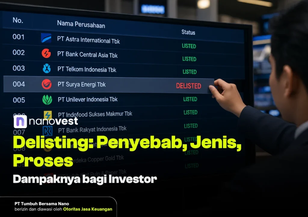 delisting adalah - Blog Nanovest Stock listing board with multiple companies and a highlighted DELISTED row; a hand points to it; Nanovest logo visible