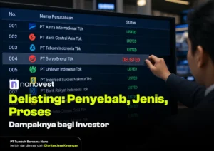 Stock listing board with multiple companies and a highlighted DELISTED row; a hand points to it; Nanovest logo visible