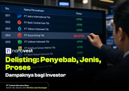 Stock listing board with multiple companies and a highlighted DELISTED row; a hand points to it; Nanovest logo visible