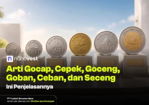 Row of Indonesian coins on stands, showing Rp50, Rp100, Rp200, Rp500 (gold), Rp1.000; Nanovest logo and bold Indonesian title overlay.