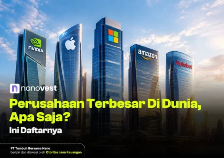perusahaan terbesar di dunia - Blog Nanovest Skyscrapers with Nvidia, Apple, Microsoft, Amazon and Alphabet logos; Indonesian headline about the world's largest companies.