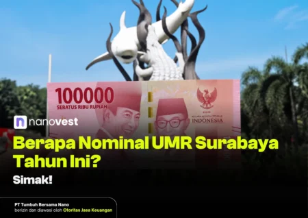 Banner showing a 100,000 rupiah banknote with Nanovest logo and a bold yellow headline: 'Berapa Nominal UMR Surabaya Tahun Ini?' (Simak!)