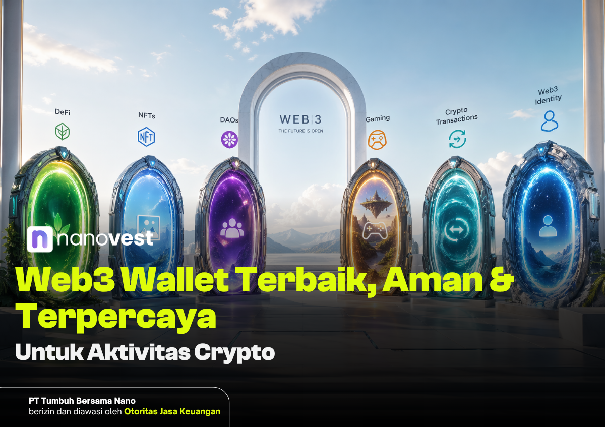 Hero image for a Web3 wallet article: glowing, multicolored portal wallets labeled DeFi, NFTs, DAOs, Gaming, Crypto Transactions, and Web3 Identity, with a central WEB3 arch and bold Indonesian headline.