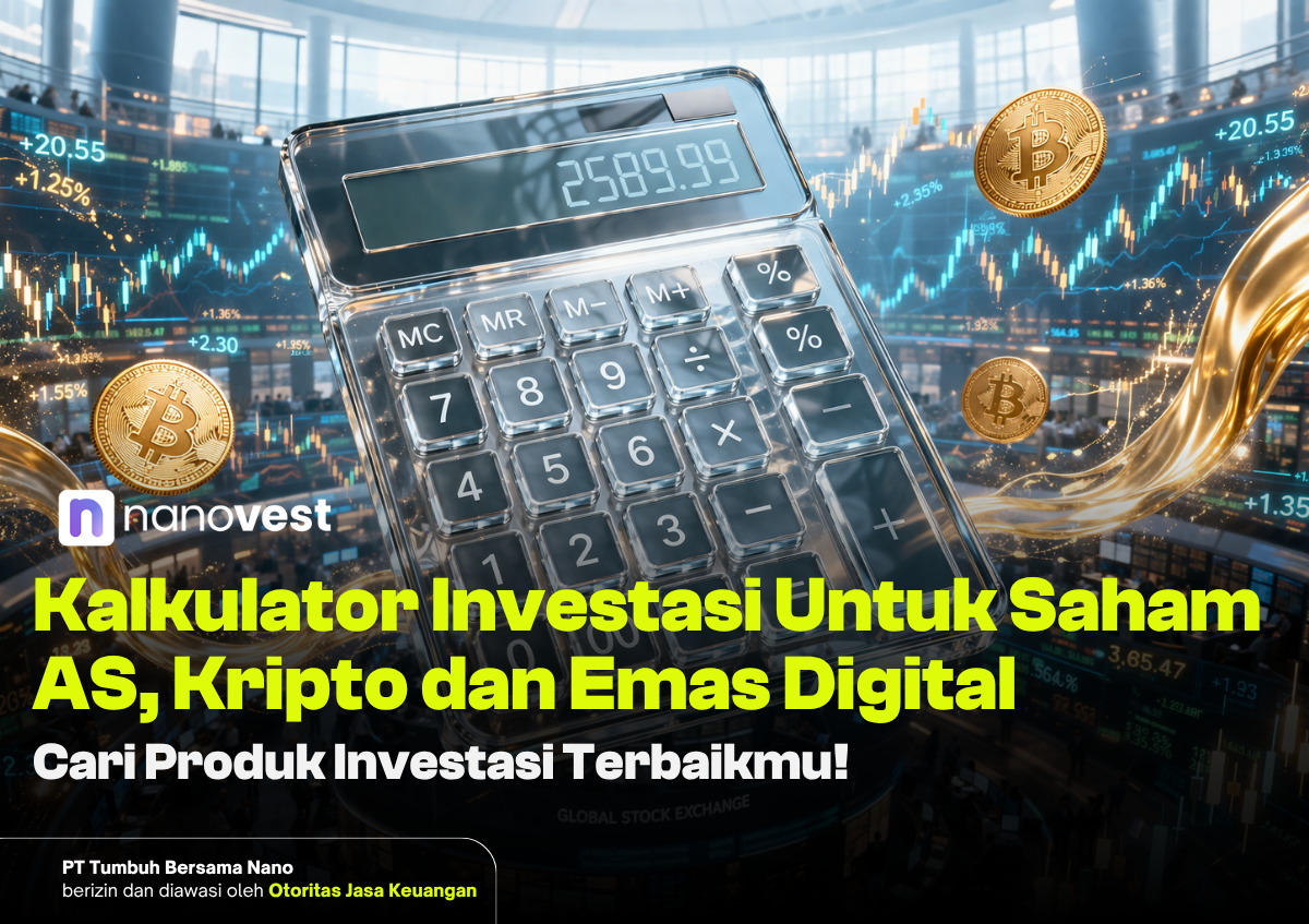 Promotional banner showing a calculator with crypto coins and stock charts, advertising Nanovest's investment calculator for US stocks, crypto, and digital gold.