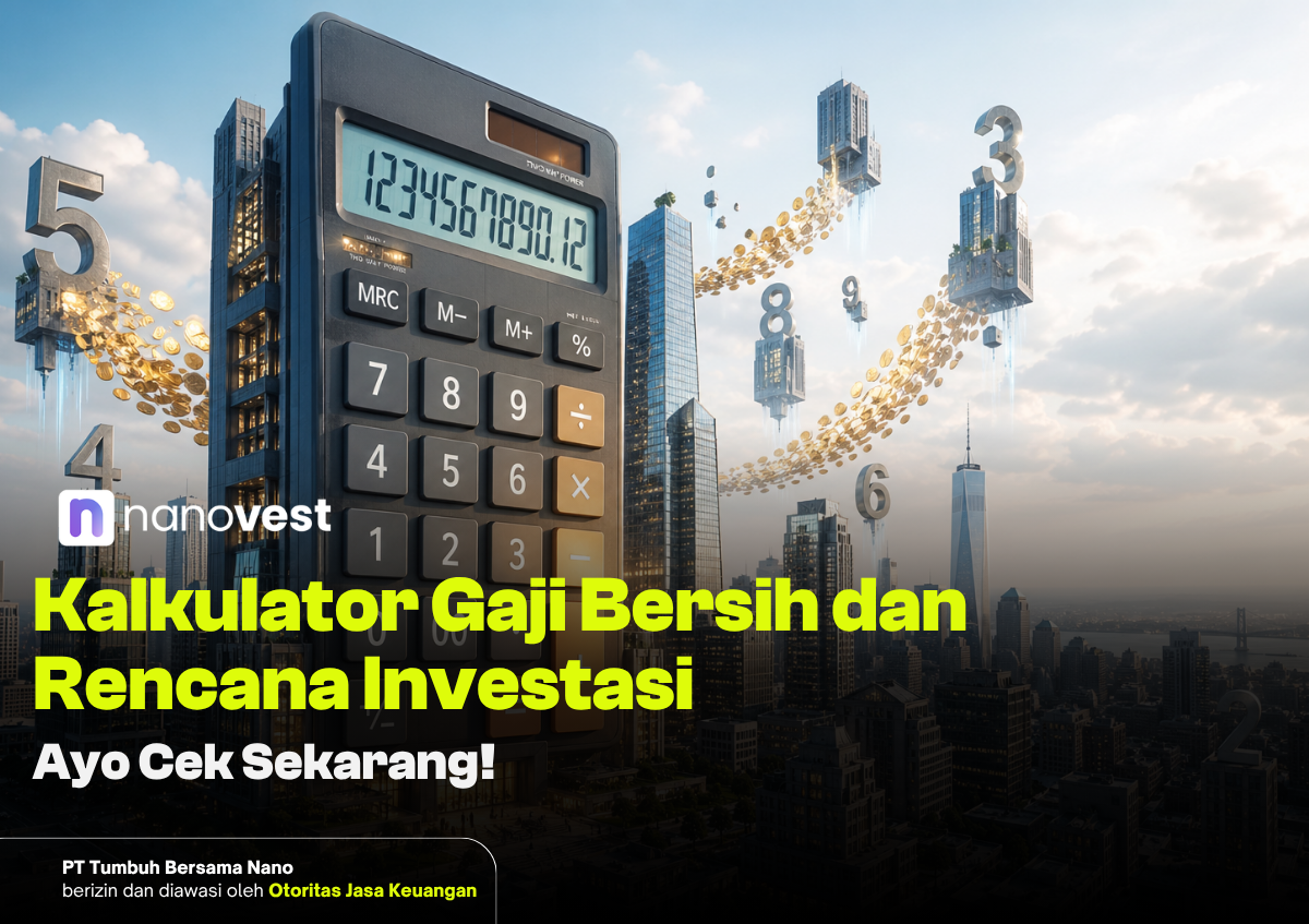 Promotional banner for Nanovest: giant calculator over a city with coins, advertising a clean-salary and investment calculator.