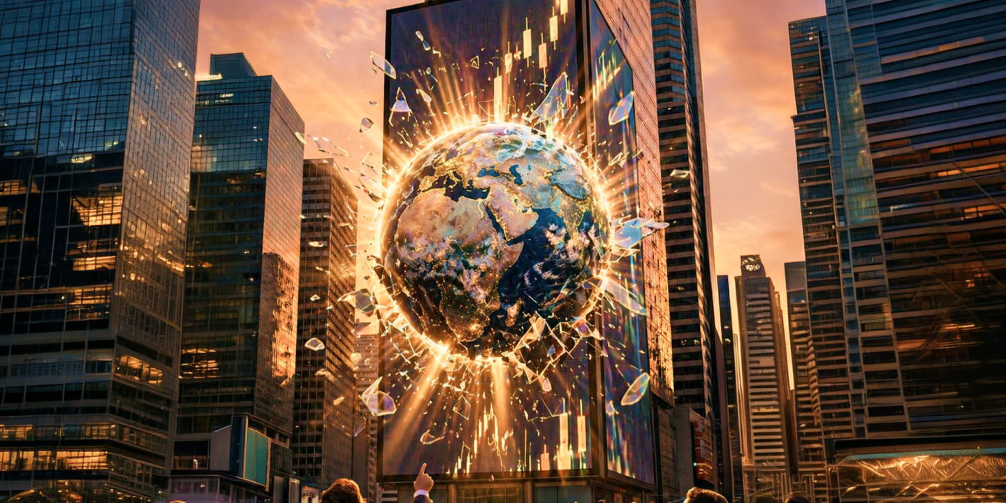 Globe encircled by glowing rings and shards emerging from a tall digital screen in a modern city plaza, at sunset.
