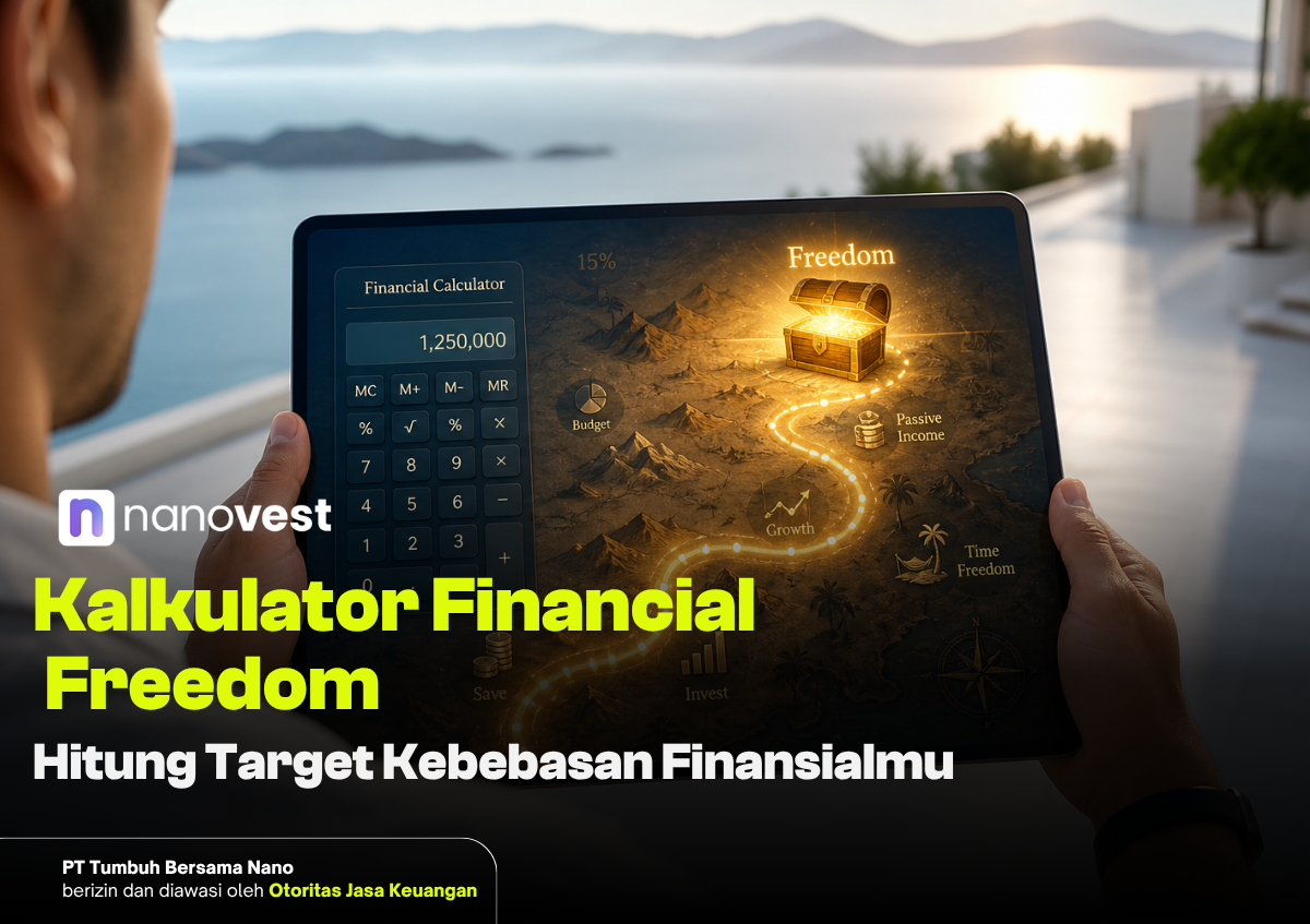 Person holding a tablet with a glowing treasure-map graphic and a financial calculator; overlaid headline reads 'Kalkulator Financial Freedom'.