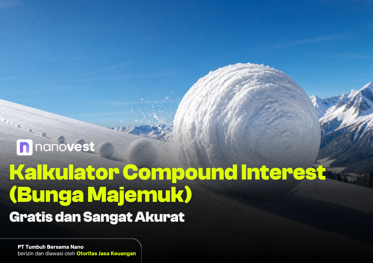 Promotional hero banner for Nanovest featuring a giant snowball on a snowy slope with bold yellow text about a compound interest calculator (Bunga Majemuk).