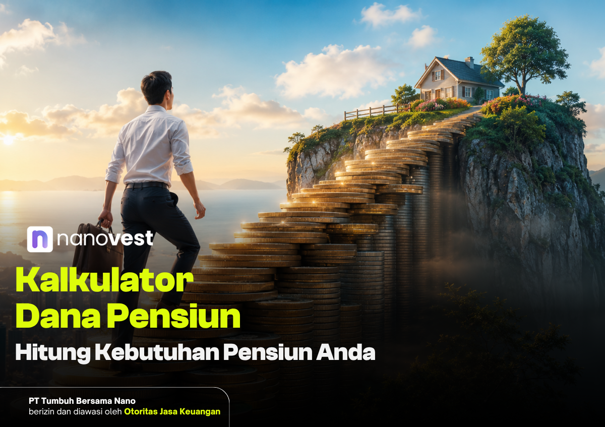 Man in a white shirt climbs a staircase made of coins toward a cliffside house at sunset, for Nanovest retirement calculator.