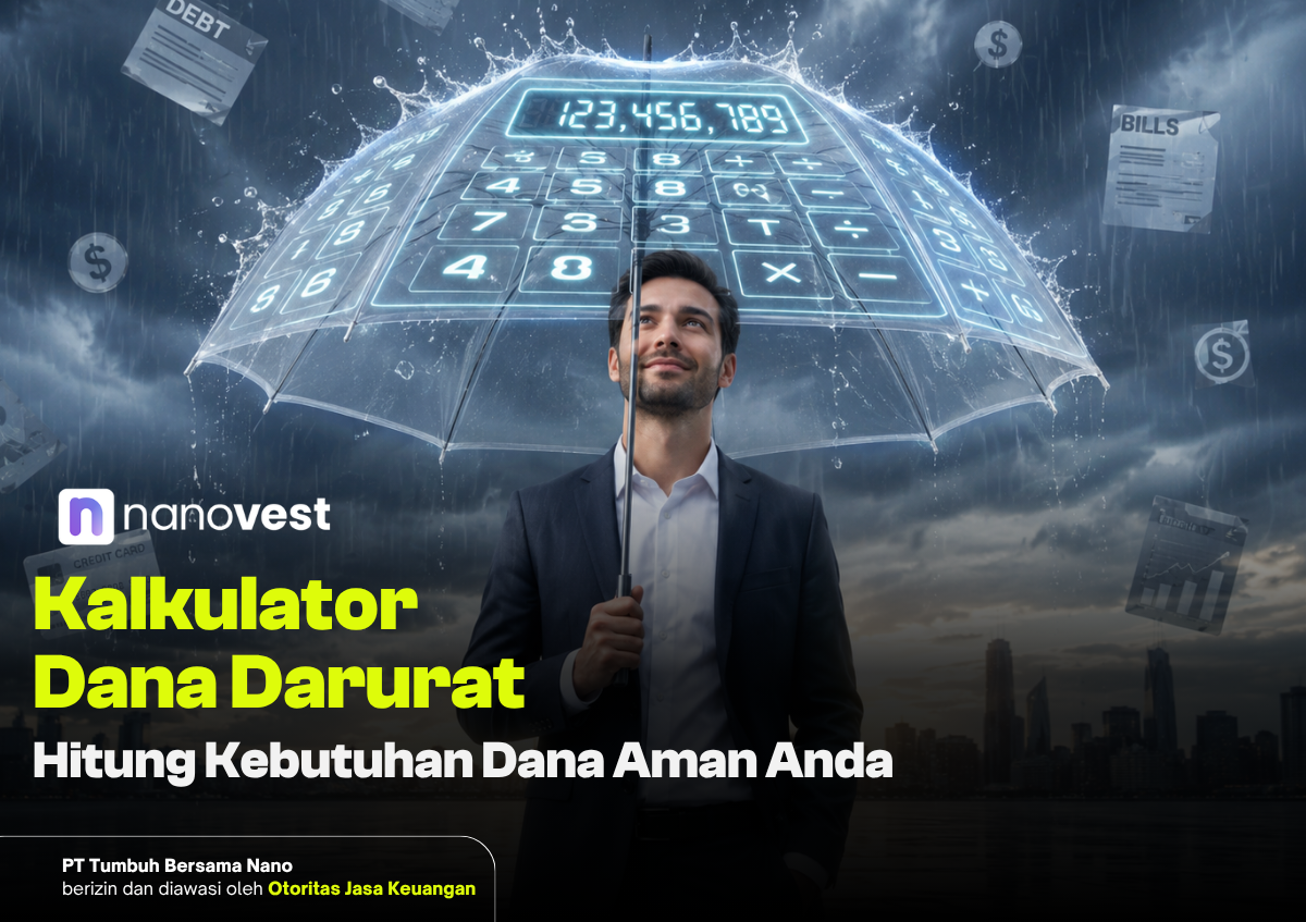 Promotional banner for Nanovest emergency fund calculator with a man in a suit under a glowing holographic calculator umbrella.