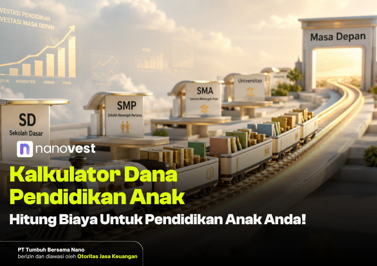 Advertisement banner for Kalkulator Dana Pendidikan Anak showing a toy train carrying books labeled SD, SMP, SMA on a track toward a 'Masa Depan' arch with a rising chart in the background, conveying education funding growth.