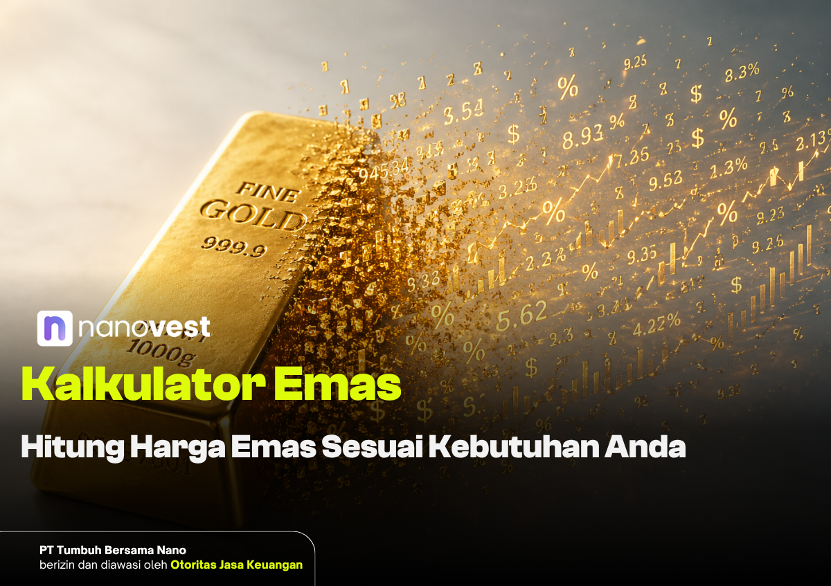 Gold bar labeled Fine Gold 999.9 with golden numbers and charts exploding outward; headline 'Kalkulator Emas' nearby