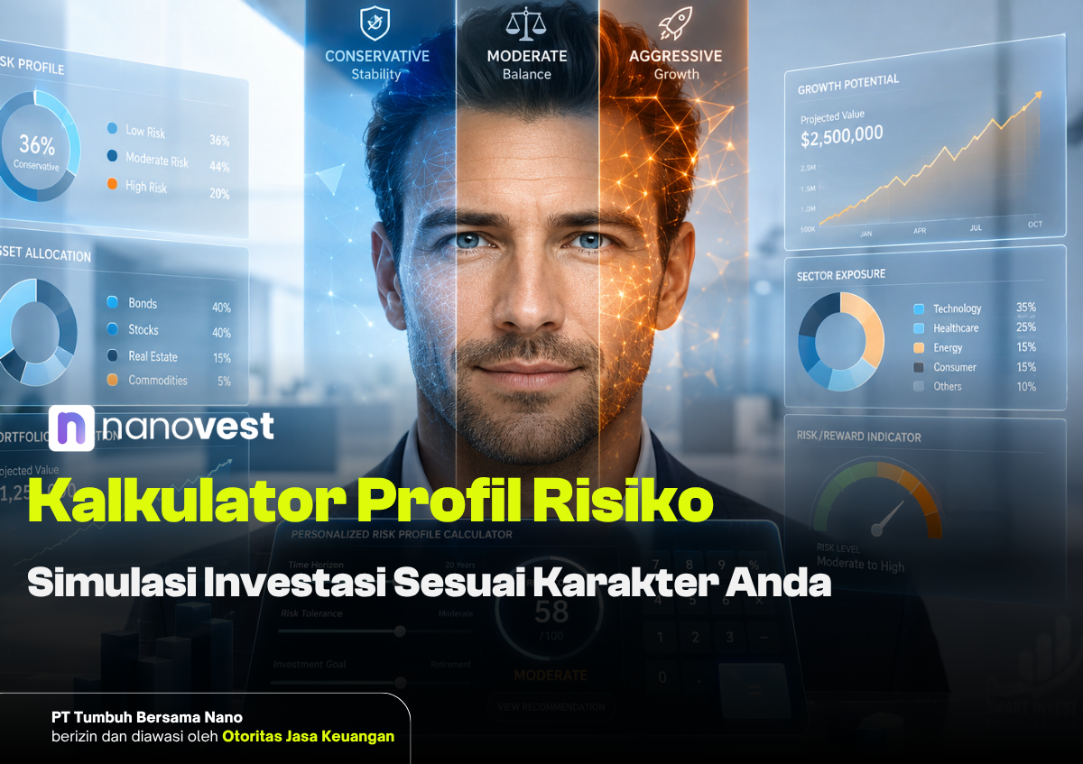 Professional man surrounded by holographic financial dashboards showing risk profiles and investment simulations.