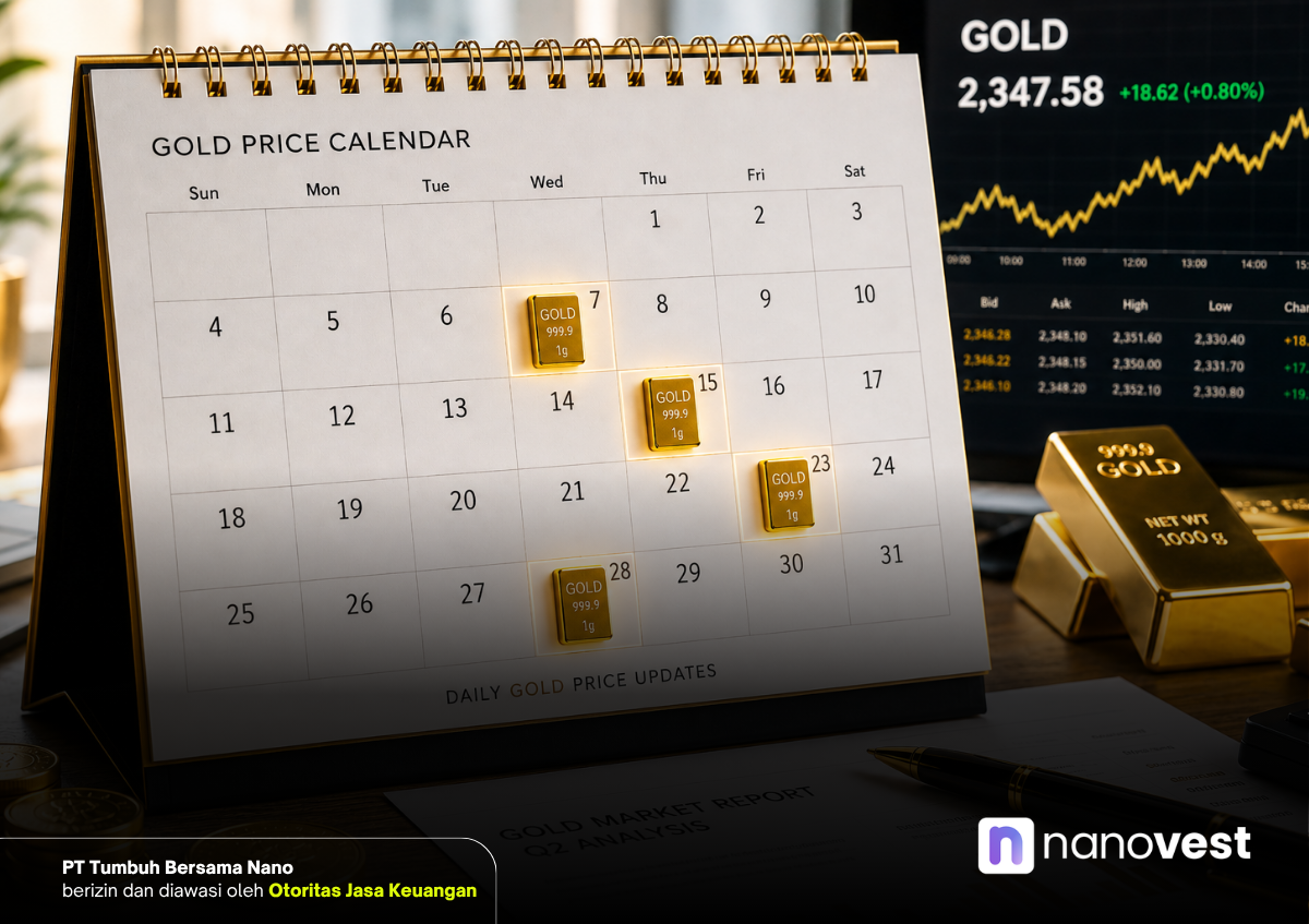 Gold Price Calendar on a desk with gold bars on marked dates and a stock chart in the background.