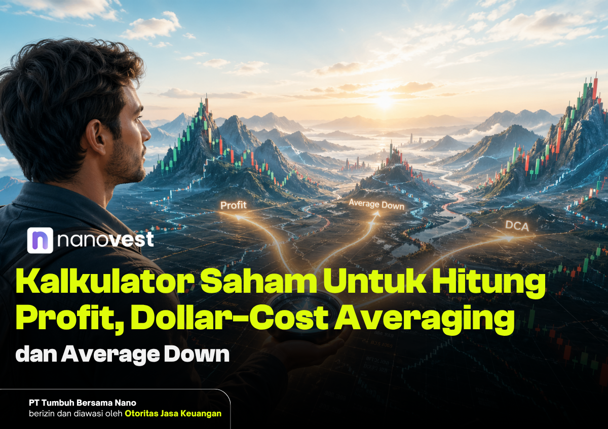 Man in profile viewing a glowing stock-chart landscape at sunrise; Nanovest branding and Indonesian headline.