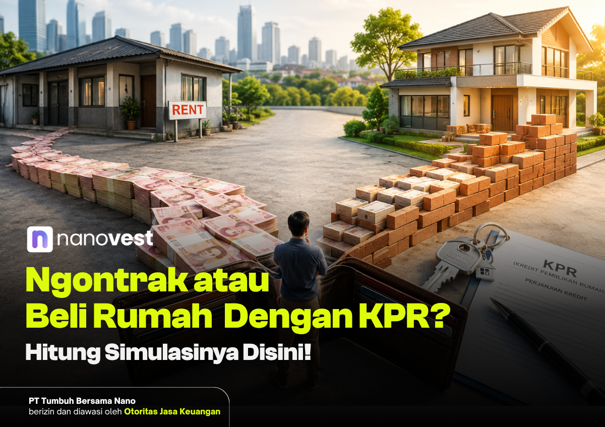 Nanovest ad promoting KPR housing loans, showing a man facing piles of money and bricks between two houses under construction with a RENT sign behind.