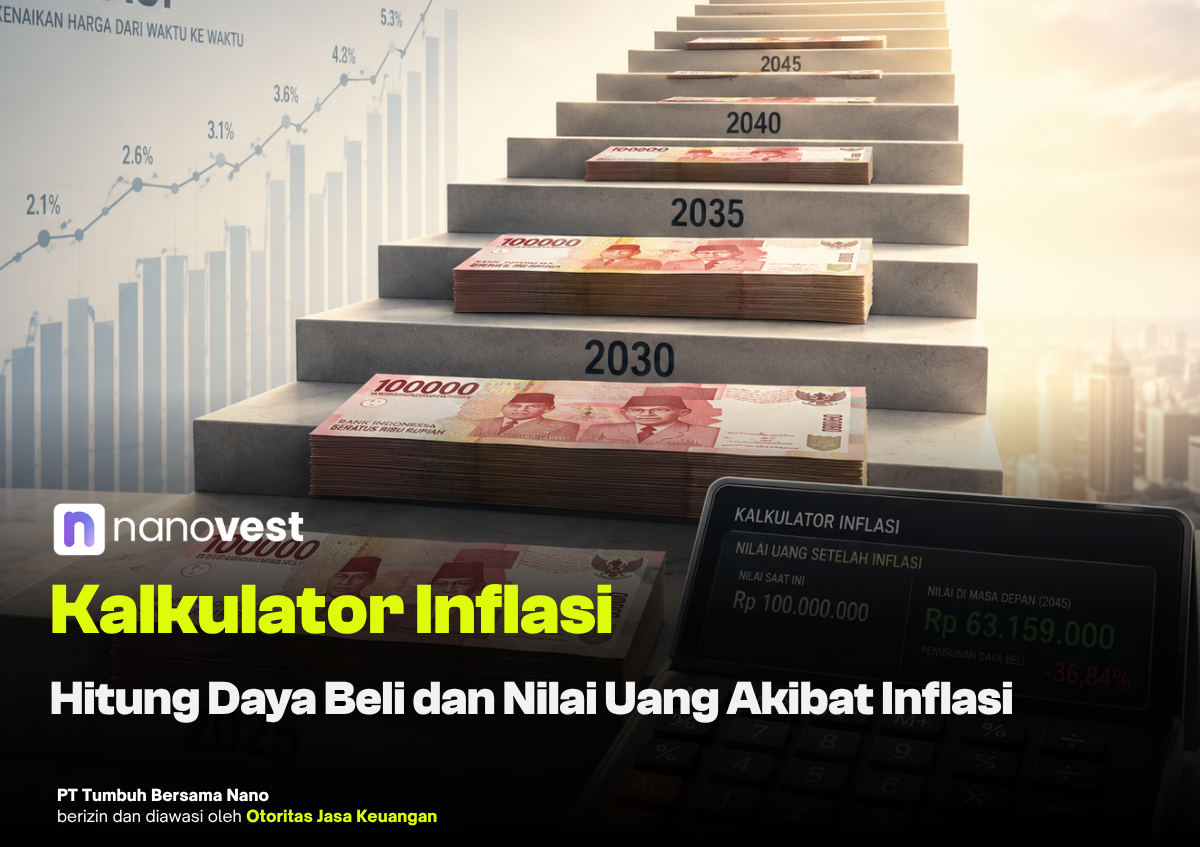 Stacks of Indonesian rupiah piled on stairs labeled 2030–2045, beside a rising chart and a calculator screen; conveys inflation growth and future buying power for an article.