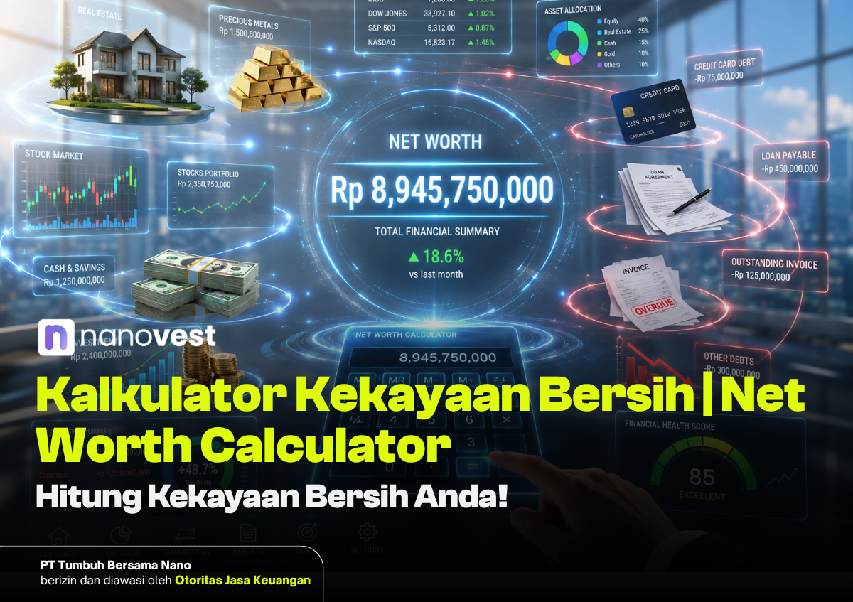 Net worth dashboard showing Rp 8,945,750,000 in the center with floating financial charts and Indonesian headlines about wealth calculator.
