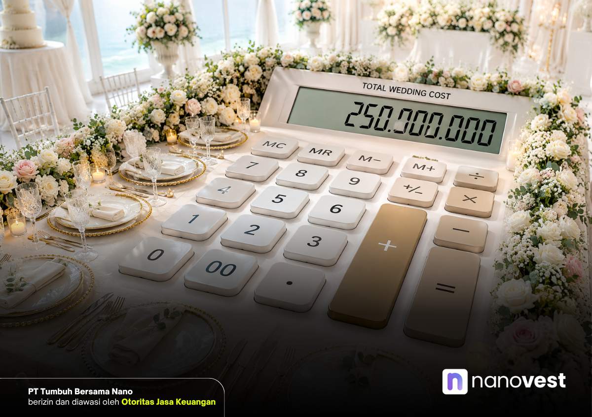 Wedding reception table decorated with white flowers and crystal glassware; an oversized calculator displays the total wedding cost 250,000,000.