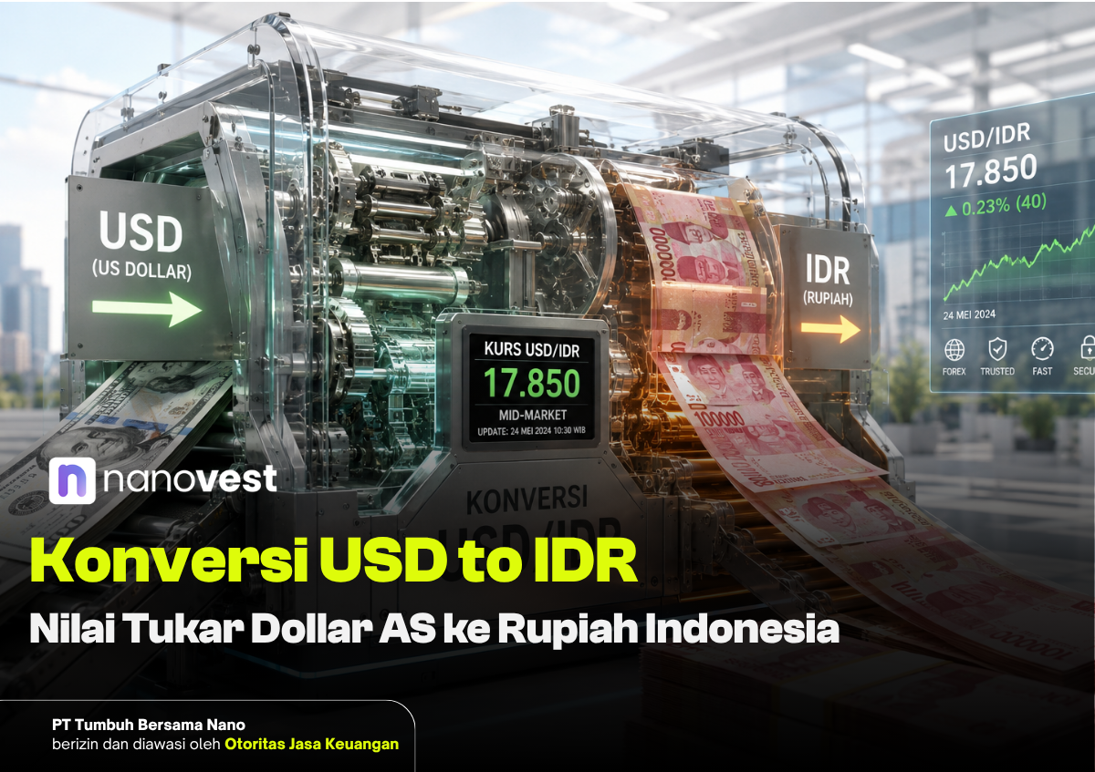 Industrial currency converter machine exchanging USD to IDR with visible banknotes flowing out and a digital rate display.