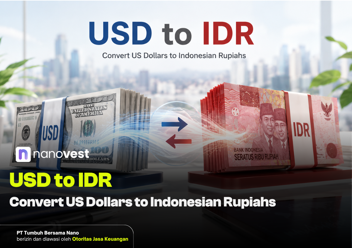 Currency exchange banner showing USD to IDR with stacks of US dollars on the left and Indonesian rupiah on the right, arrows in the center, and 'Convert US Dollars to Indonesian Rupiahs' text (Nanovest logo visible).