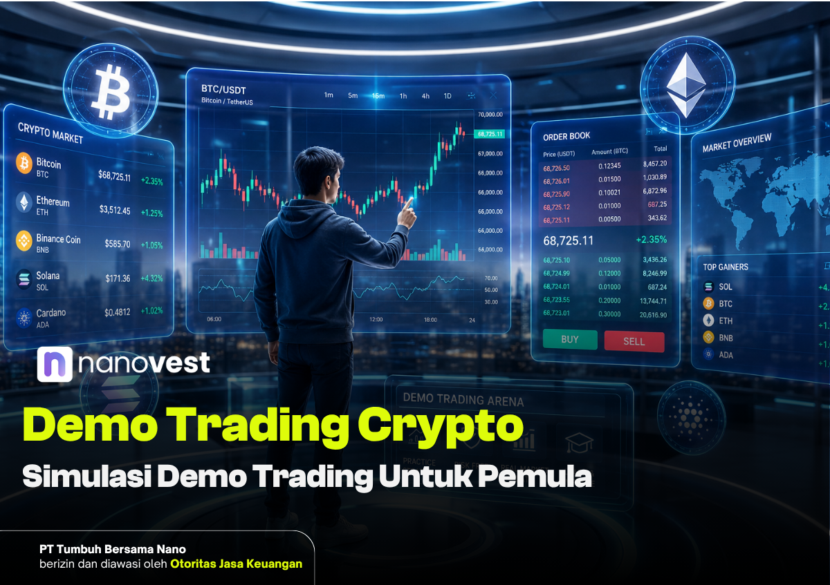 A person stands in a futuristic trading room, monitoring multiple glowing crypto trading screens showing Bitcoin, Ethereum, and charts.