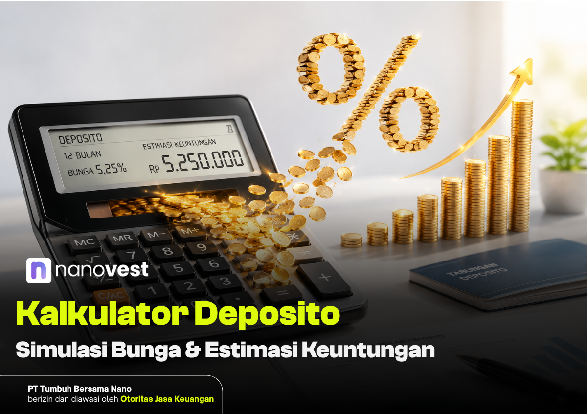 Calculator spilling gold coins forming a percent sign with rising coin stacks and a deposit booklet in the background, for a deposits calculator theme.