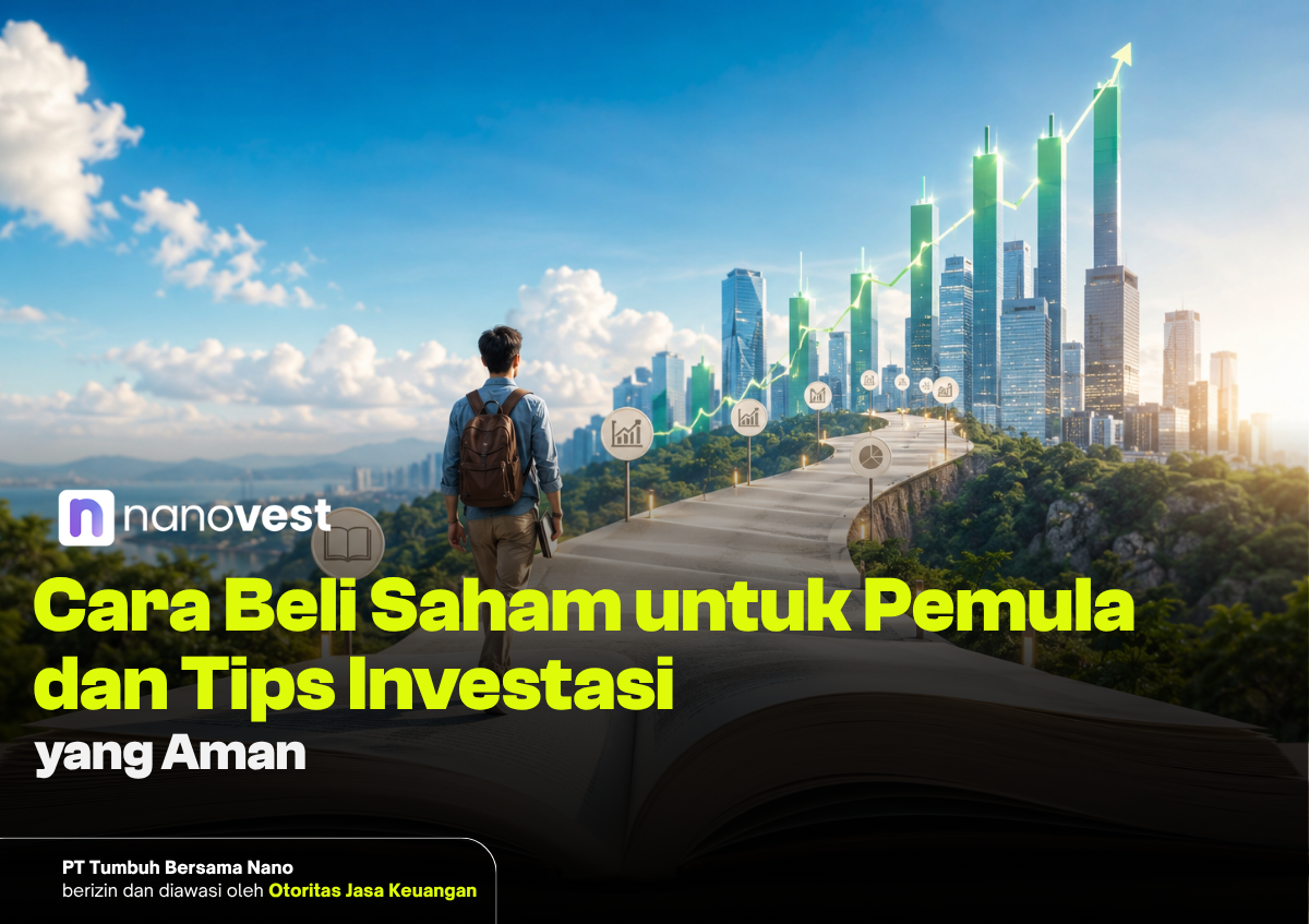 Person with a backpack walks toward a futuristic city skyline with upward-trending graphs, illustrating beginner stock investing (Nanovest).
