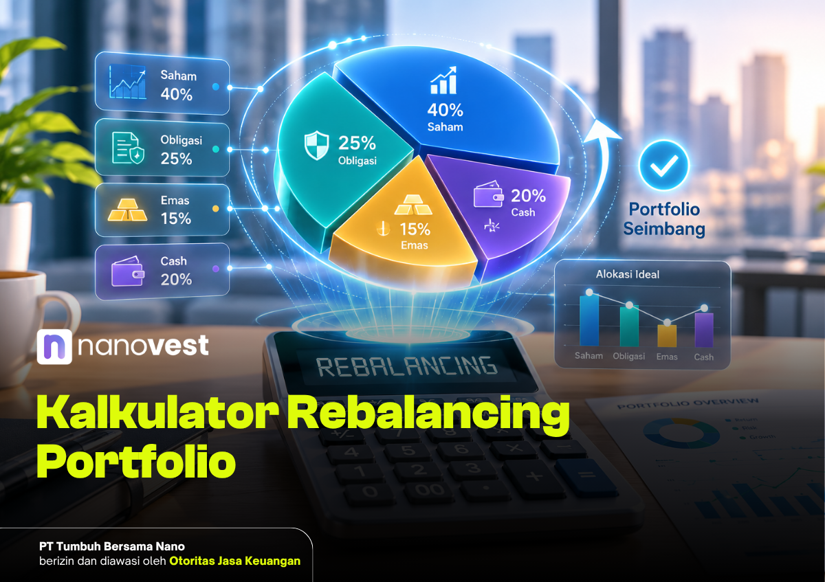 Portfolio rebalancing dashboard with a glowing 4‑part pie chart: 40% Saham, 25% Obligasi, 15% Emas, 20% Cash, Nanovest branding.