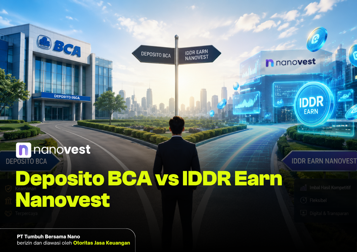 Businessperson stands at a crossroads between BCA Deposito and IDDR Earn Nanovest, with futuristic banking visuals and the headline 'Deposito BCA vs IDDR Earn Nanovest'.