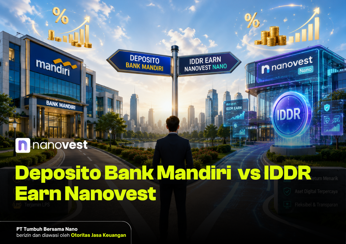 A businessperson stands at a crossroads between two signs: Deposito Bank Mandiri and IDDR Earn Nanovest, with a futuristic financial campus in the background.