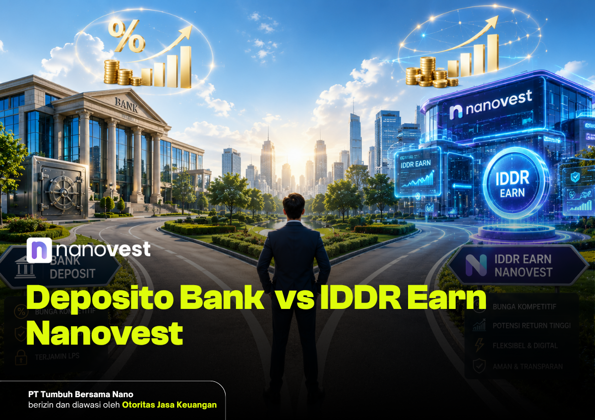 Businessman standing at a crossroads between a traditional bank on the left and a futuristic Nanovest building on the right, illustrating a bank comparison.