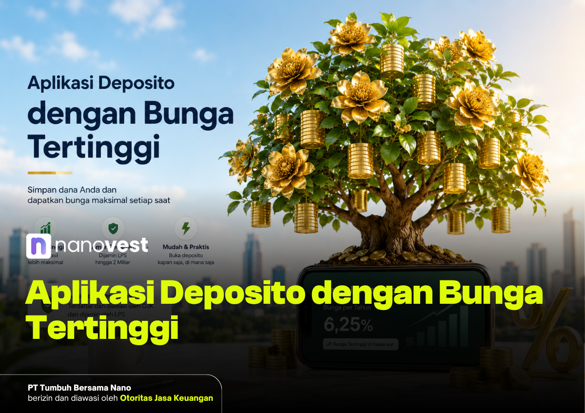 Promotional banner for a deposito app: a money tree with gold coins growing from a smartphone beside the bold Indonesian headline 'Aplikasi Deposito dengan Bunga Tertinggi'
