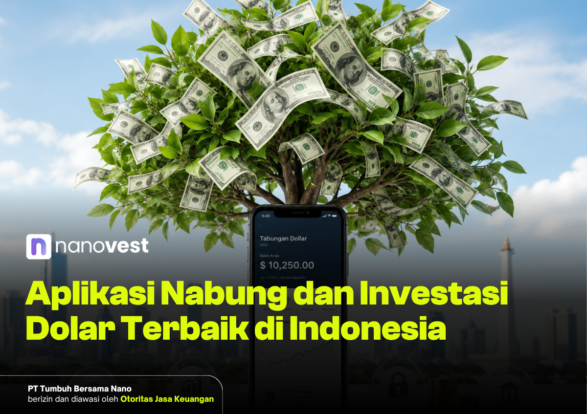 Money tree with dollar bills and a smartphone showing the Nanovest app, promoting saving and investing in Indonesia.