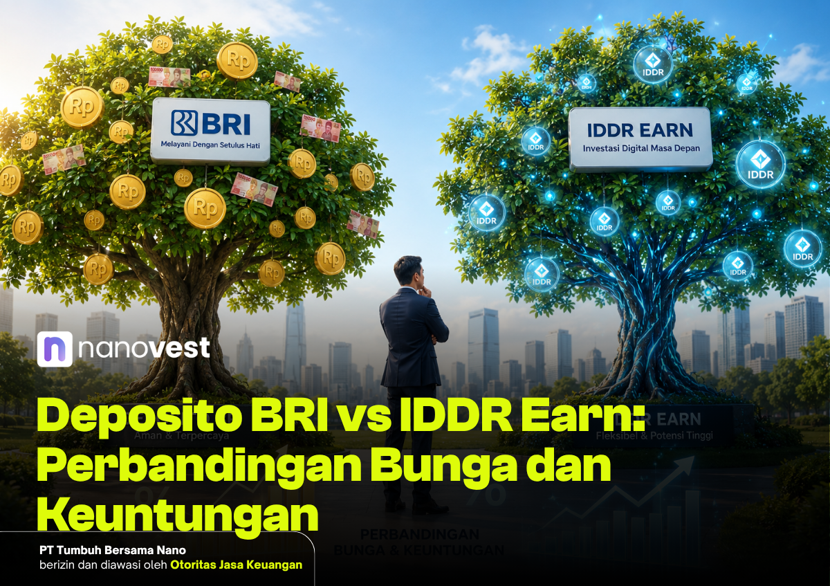 Businessman stands between two finance trees: left tree with Rp coins and BRI sign, right tree with glowing IDDR Earn icons, Nanovest logo present.