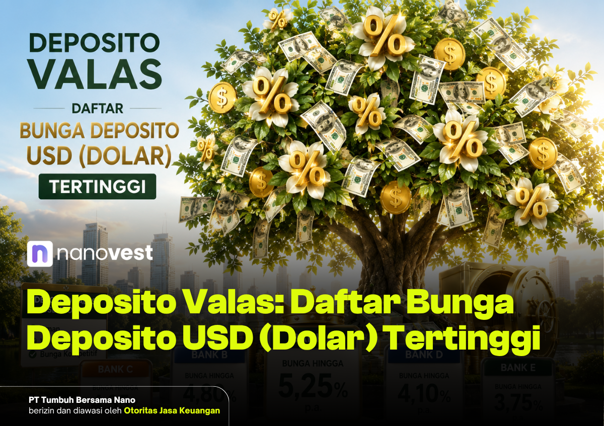 Promo banner showing a money-filled tree with dollar bills and gold % symbols, advertising high-earning foreign currency deposits (Indonesian text).