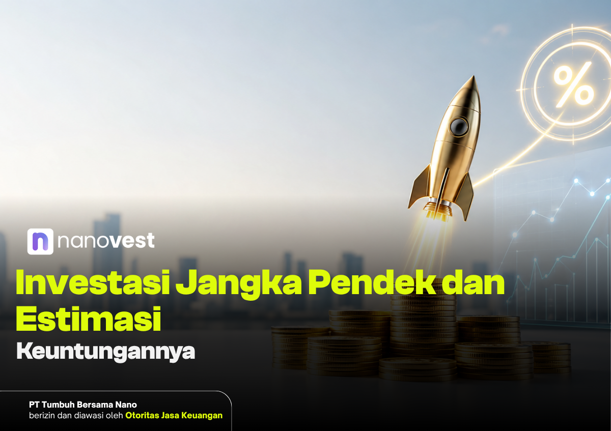 Rocket launching from stacked coins with a glowing percent sign and financial graphs; Indonesian promo for short-term investment gains (Nanovest).