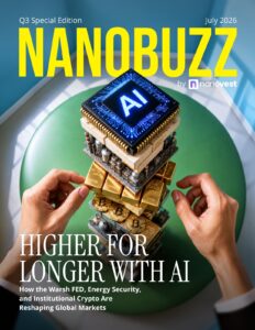 Magazine cover for NANOBUZZ: AI, crypto and markets with a stacked chip, gold bars, and two hands lifting the structure; subtitle hints at higher for longer with AI.